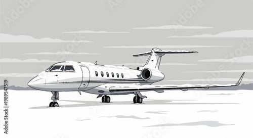 A sleek, white private jet sits covered in snow on a frosty airfield