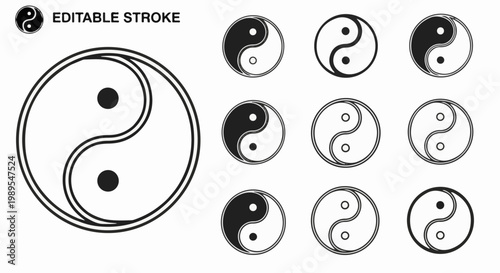 Collection of Yin Yang symbols in various styles and fill options