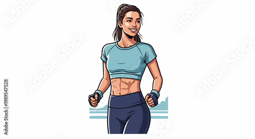 Fit woman with muscular abs, athletic wear, ponytail, smiling