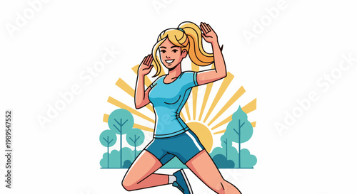 Energetic woman with blonde ponytail jumping outdoors with stylized sun and trees