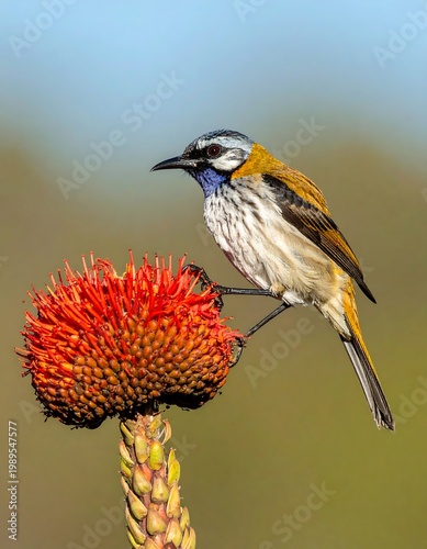 A vibrantly colored bird perches on a spiky, red-orange flower head. It's set against a blurred background of green and blue
