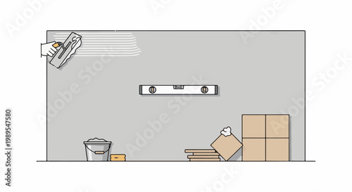Illustration of wall tiling process with tools and materials