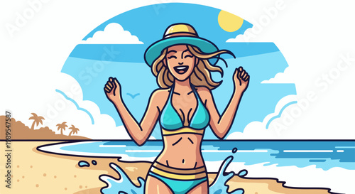 Joyful woman in bikini and hat celebrating on a sunny beach with palm trees