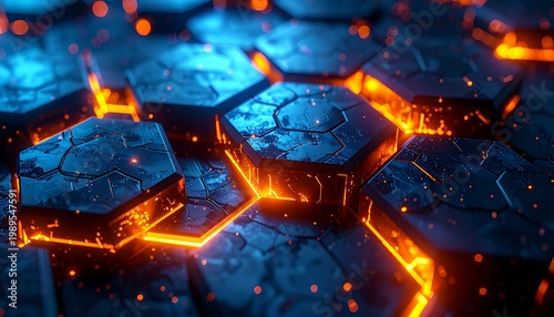 Hexagonal Metal Surface Glowing with Orange Light Edges