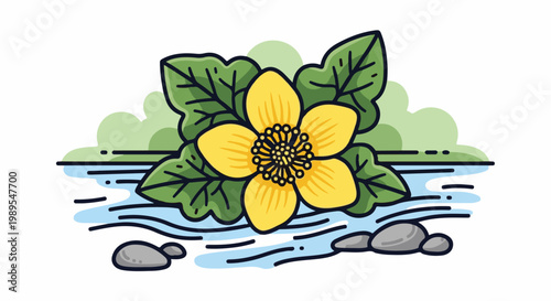 Bright yellow flower with green leaves blooms near a gentle stream with rocks