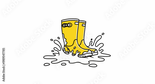 Yellow rubber boots splashing in water