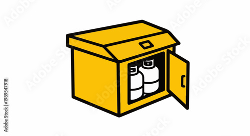 Yellow cabinet with open door revealing two white gas cylinders inside