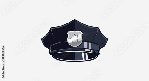 A stylized depiction of a dark blue officer's cap with a silver badge