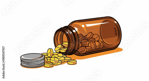 A brown medicine bottle tipped over with yellow pills spilling out and a cap