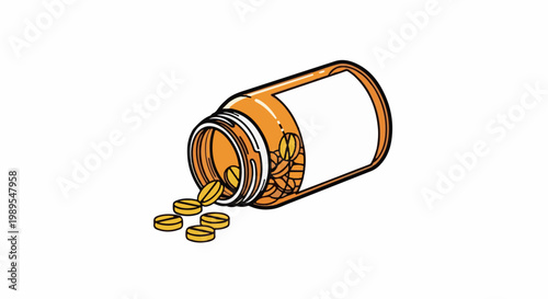 Orange pill bottle tipped over with yellow pills spilling out