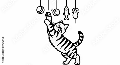 Playful kitten leaps to catch dangling toys a fish, mouse, and balls