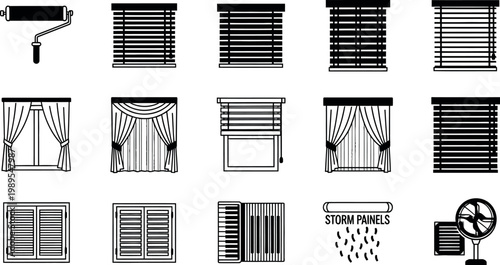 Collection of black and white depicting window treatments and home accessories blind curtain roller