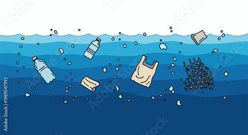 Plastic debris floats in stylized ocean waves with bubbles