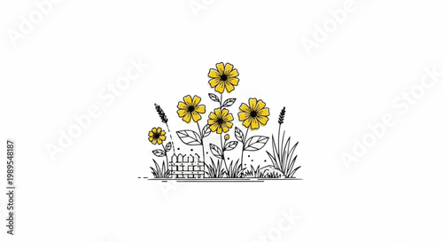 Whimsical line art depicts yellow flowers blooming near a picket fence