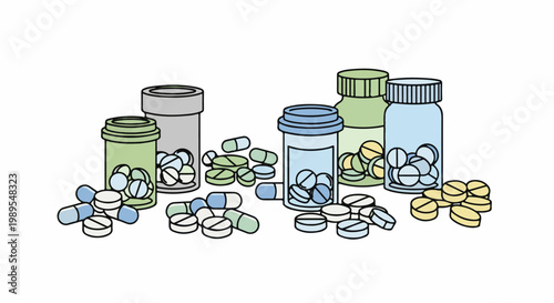 Assorted pills and capsules spilled from clear and colored bottles on a white background