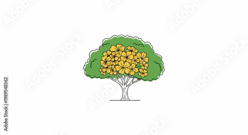 Simple illustration of a green tree with a dense cluster of yellow flowers blooming