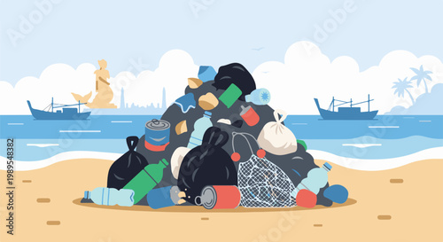 Beach polluted with trash, boats and a statue in the ocean