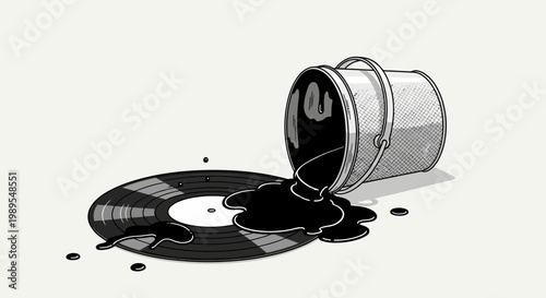 Vinyl Record, Spilled Ink, Black Liquid, Damaged Music, Vector Illustration