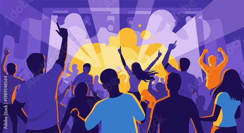 Silhouettes of a crowd dancing with arms raised under stage lights