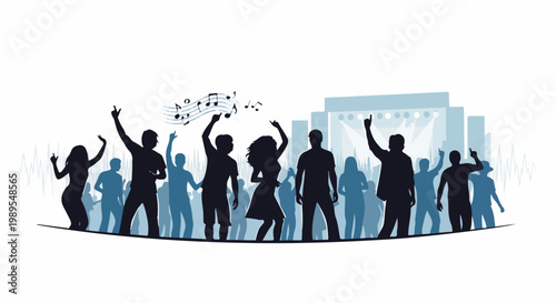 Silhouetted figures dance energetically in front of a bright stage with musical notes