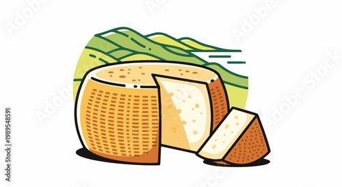 A stylized illustration of a large round cheese with a slice cut out, set against rolling green hills