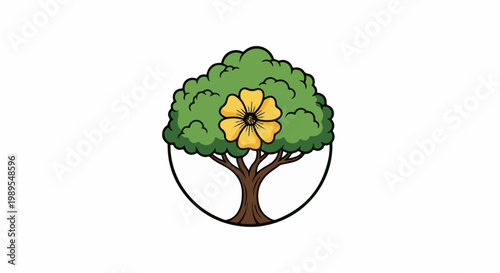 Stylized green tree with brown trunk and single yellow flower