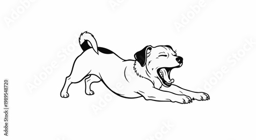 A black and white cartoon drawing of a dog yawning widely