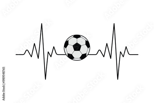 A black and white line art graphic combines a soccer ball with a heartbeat rhythm perfect for sports enthusiasts on transparent background.