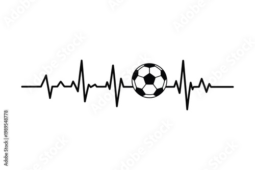 A black and white line art graphic combines a soccer ball with a heartbeat rhythm perfect for sports enthusiasts on transparent background.