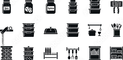 Collection of black and white kitchenware and food storage cooking container