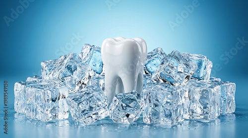 Pristine White Tooth with Ice Cubes Symbolizing Freshness, Hygiene and Dental Care