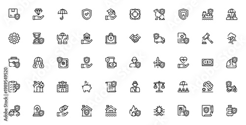 Insurance icon set. Vector illustration pack featuring symbols for life, health, car, home insurance, shield, family, finance, safety, and more. Editable thin line icons.