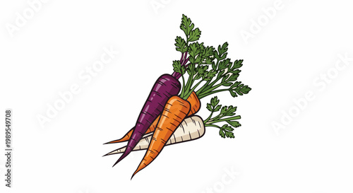 A trio of colorful, stylized carrots with green leafy tops on white