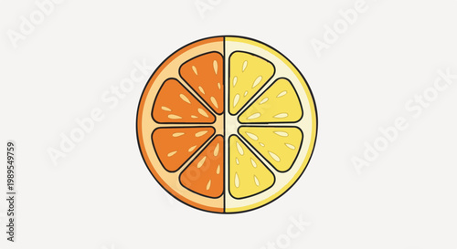 A cartoon depiction of a halved citrus fruit, split into orange and lemon slices