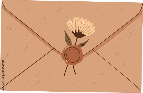Flat Vector Recycled Paper Envelope With Dried Flower Seal For Sustainable Stationery And Elegant Post Concepts