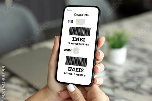 Phone IMEI screen SIM eSIM device info barcode woman hand