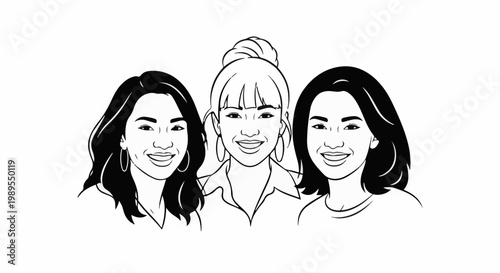 Black and white line drawing of three smiling young women together