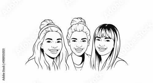 Three young women with varied hairstyles and smiles share a moment