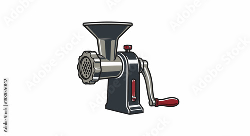 Manual meat grinder with funnel, crank, and blade
