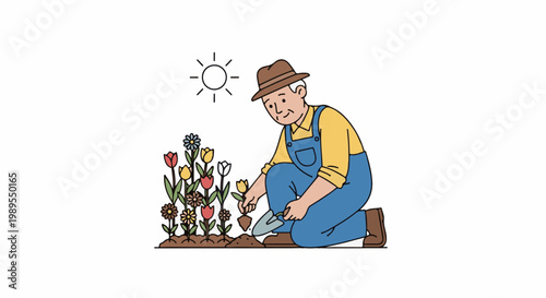 Elderly man in overalls and hat gardening with flowers and sun