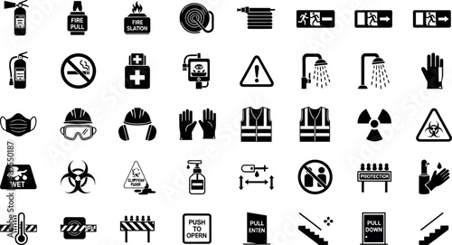 Collection of black and white safety and warning on white background fire extinguisher fire pull fire station