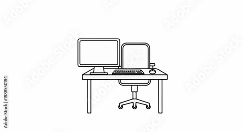 A simple illustration of a desk with a computer, keyboard, mouse, and chair