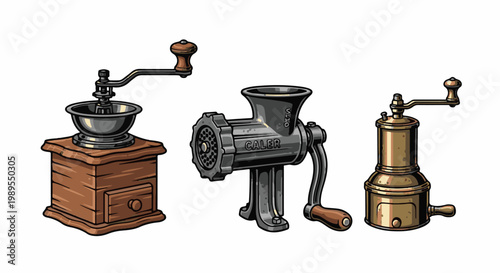 Three antique manual kitchen grinders coffee, meat, and spice