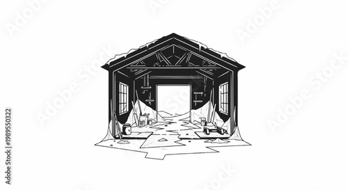 Open industrial building interior with snow, ice, and debris on floor