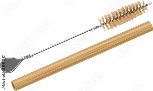 Flat Vector Reusable Bamboo Straw Cleaning Brush For Zero Waste Dining And Sustainable Kitchen Tool Concepts