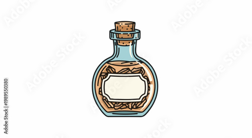 A blue glass bottle with a cork stopper, containing brown liquid and flakes