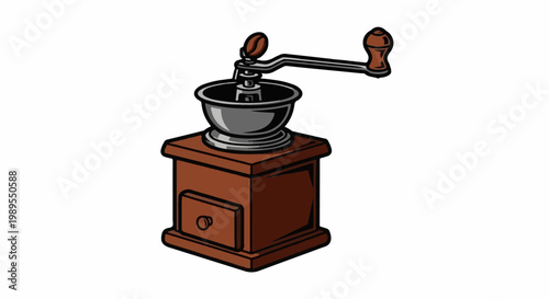 Vintage manual coffee grinder with a wooden base and metal hopper