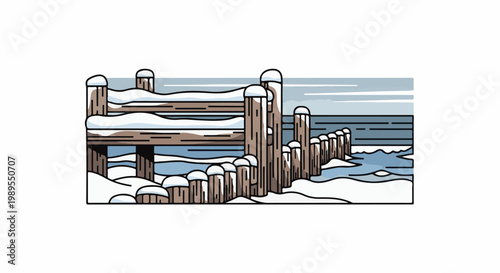 A winter scene with a snow-covered pier extending into a calm, blue body of water under a grey sky
