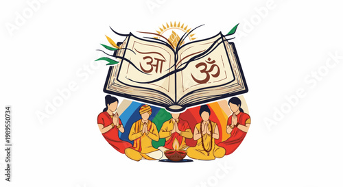 Open book with religious symbols and people praying, lit by a lamp