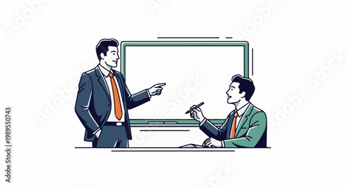 Two men in suits near a whiteboard, one teaching, one taking notes